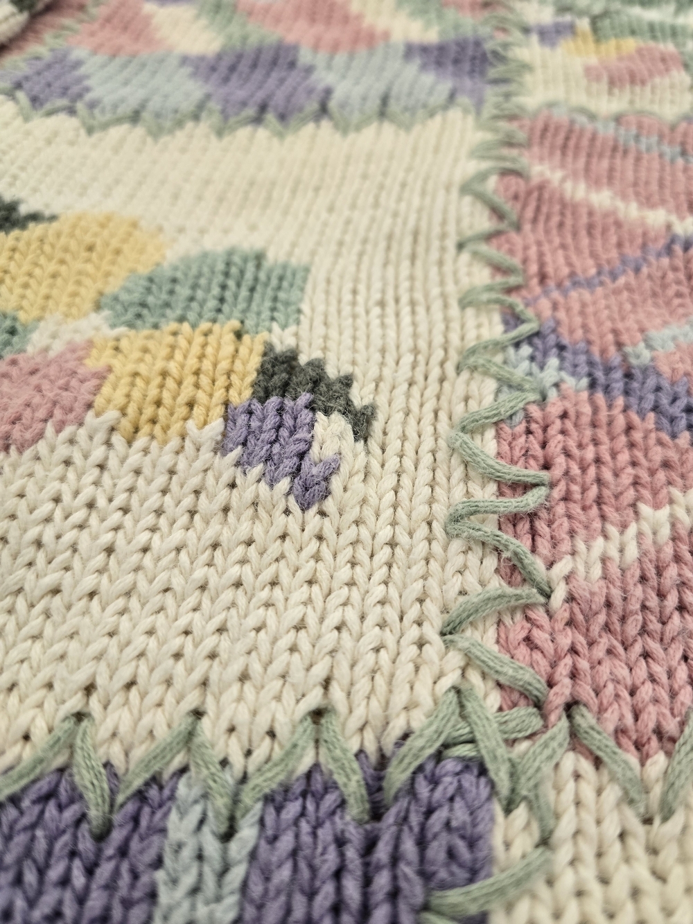 Vintage 90s Maggie Lawrence Patchwork Knit Sweater Pastel Floral Grannycore - Picture 5 of 16